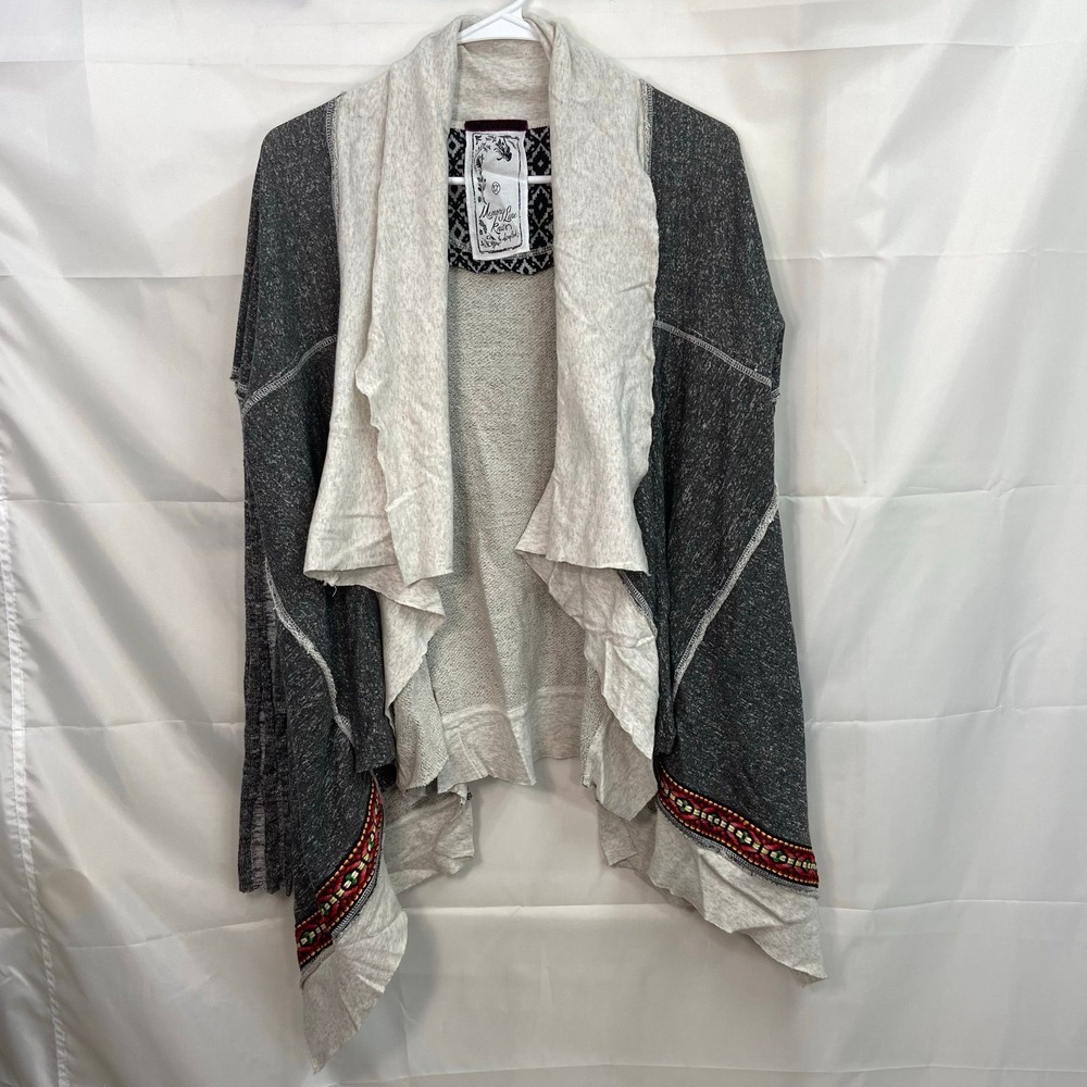 Memory Lane Knits Scrapbook gray embroidered‎ open drapey knit cardigan sweater